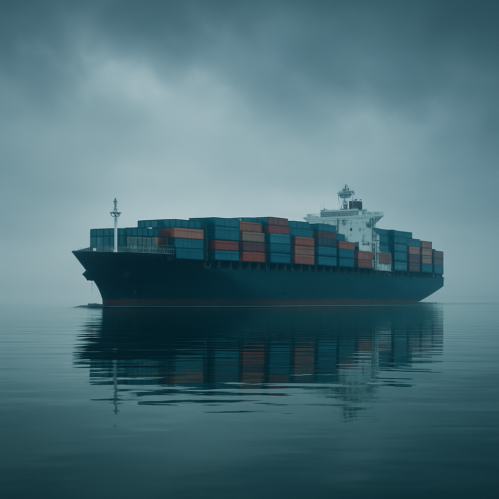 Container vessel sailing across calm misty open water