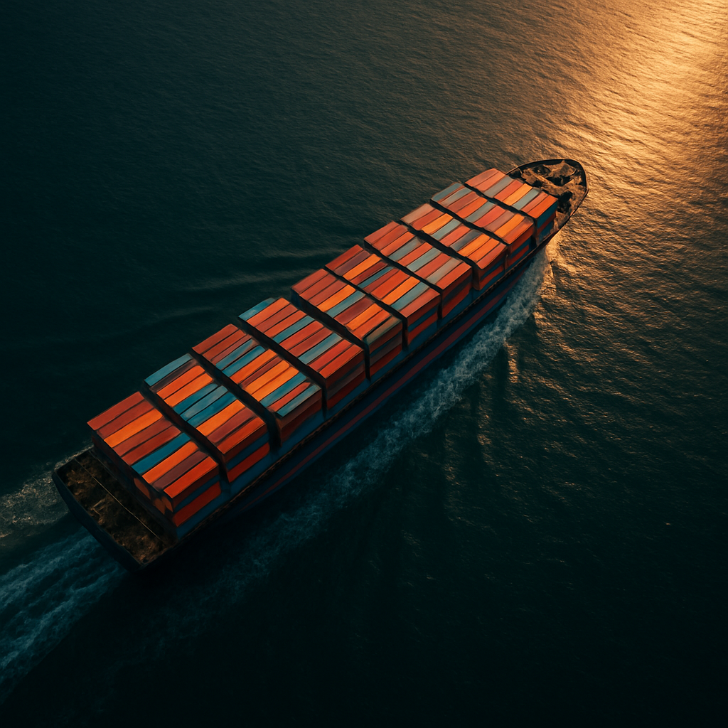 Aerial view of a container vessel charting open ocean